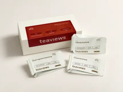 The Mythos of Deep Wuyi Tongmu Mountain Black Tea Combo featuring one tea box and three individually packaged black teas: Lapsang Souchong, Floral Fragrance Souchong, and Smoked Souchong.