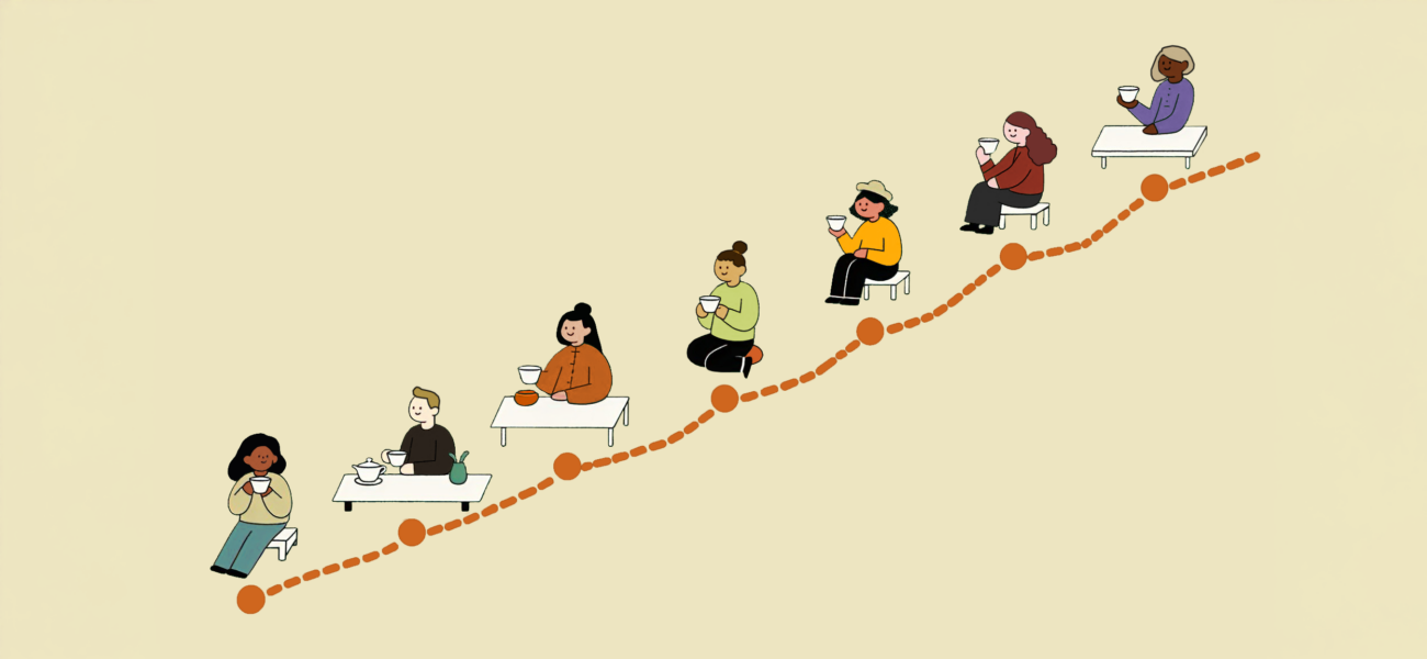 Illustration of people at different stages of tea appreciation, symbolizing Teaviews membership levels