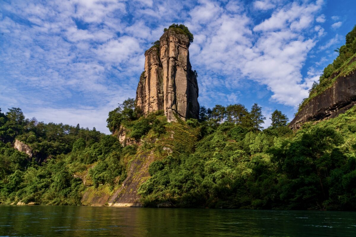 Iconic rock formation along the river in Wuyi Mountains, birthplace of many oolong teas