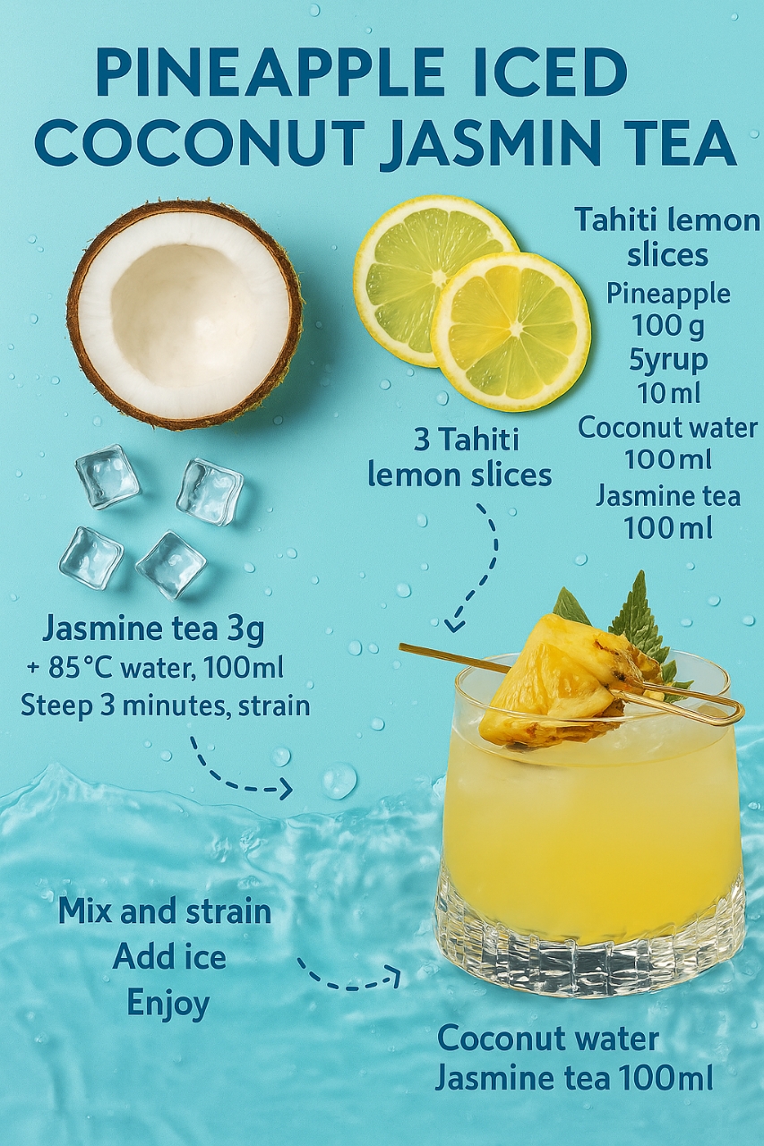 Recipe card for Pineapple Coconut Jasmine Tea with jasmine tea, pineapple, and coconut water