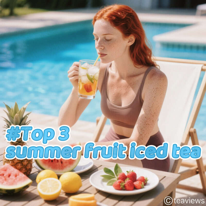 Woman sipping iced fruit tea by the pool, surrounded by fresh summer fruits