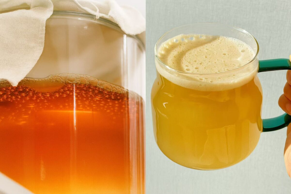 Fermenting kombucha in glass jar and freshly poured kombucha in a mug