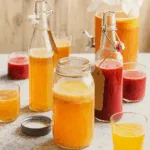 Homemade kombucha in jars and bottles, ready for drinking