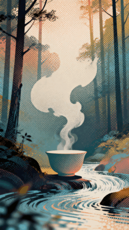 A quiet tea scene with rising steam and flowing water, expressing balance, rhythm, and calm in Chinese tea culture