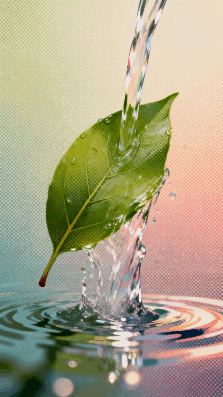 Flowing water over a tea leaf, symbolizing gentle movement, balance, and the body’s natural response to tea