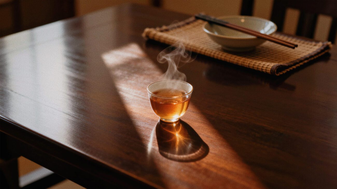 A warm cup of Chinese tea after a meal, creating a moment of calm and digestive comfort