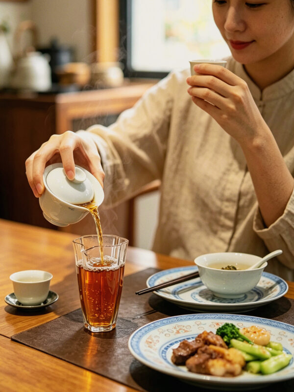 Warm Chinese tea served after a heavy meal in a calm evening dining setting