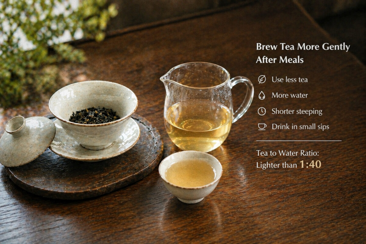 A lighter tea brewing guide after meals, showing a gentler tea-to-water ratio, shorter steeping, and small sips