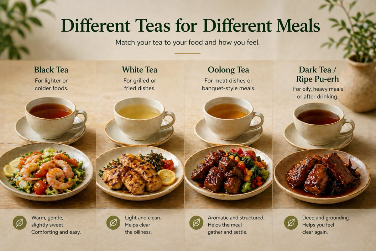 Different types of tea paired with different meals, including black tea, white tea, oolong tea, and dark tea for post-meal comfort.