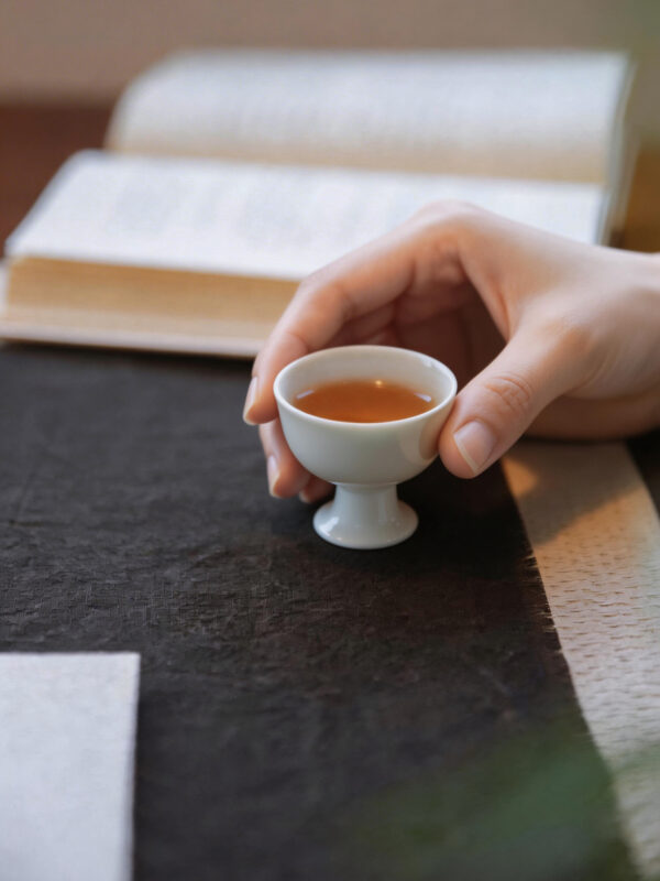Person holding a small cup of warm Chinese tea during a quiet post-meal relaxation moment