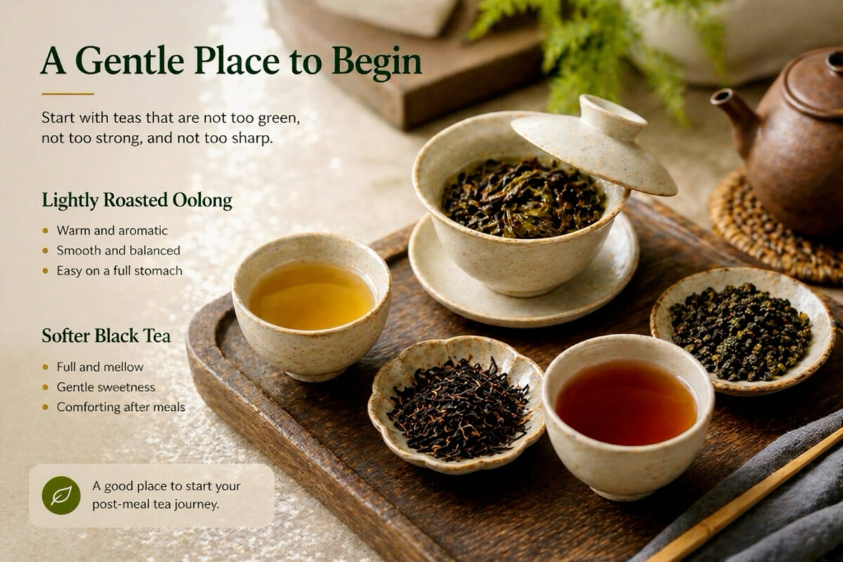 Lightly roasted oolong tea and softer black tea served with Chinese teaware as gentle beginner choices for drinking tea after meals.