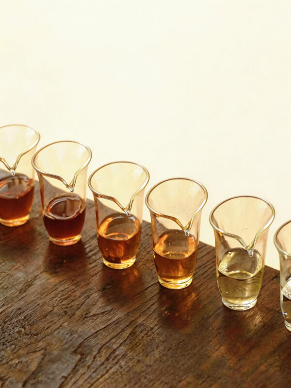 Multiple tasting glasses showing different colors of brewed Chinese tea during a gongfu tea session
