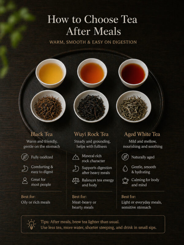 Infographic showing how to choose tea after meals, comparing black tea, Wuyi rock tea, and aged white tea 图4