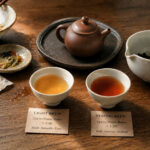 Two cups of Chinese tea after a meal, showing a lighter brew and a stronger brew with different tea-to-water ratios