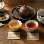 Two cups of Chinese tea after a meal, showing a lighter brew and a stronger brew with different tea-to-water ratios