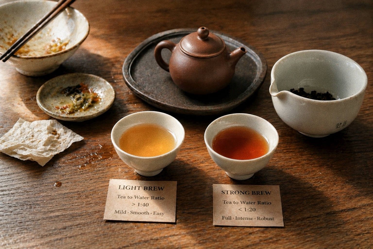 Two cups of Chinese tea after a meal, showing a lighter brew and a stronger brew with different tea-to-water ratios