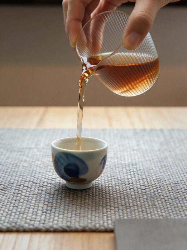 Pouring freshly brewed Chinese tea into a small tasting cup during gongfu tea brewing