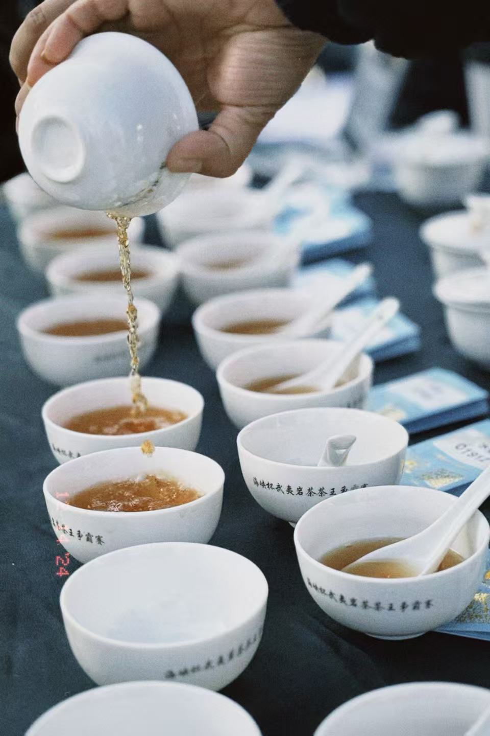 Tea sample pouring during tasting and evaluation at origin