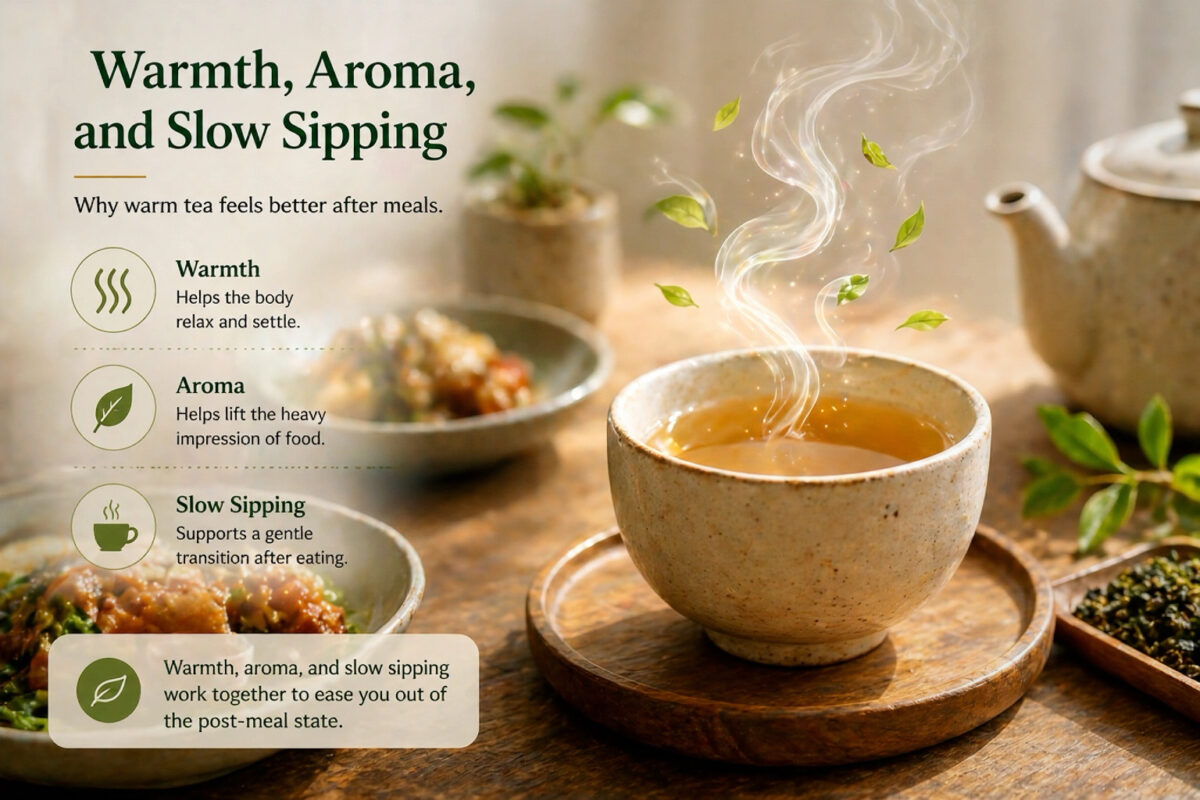 A warm cup of tea releasing steam and aroma after a meal, showing how warmth, fragrance, and slow sipping may support post-meal comfort.