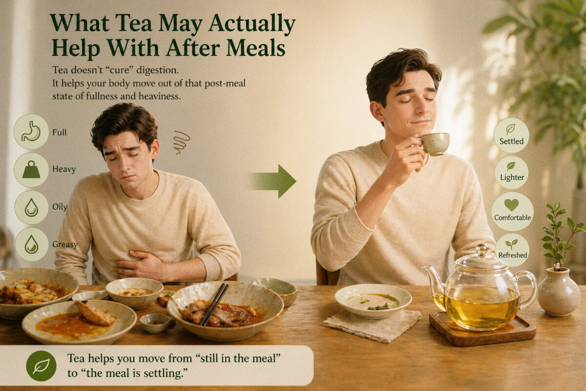 A person drinking warm tea after a meal, showing the transition from fullness, heaviness, and oiliness to a more settled and comfortable post-meal feeling.