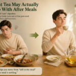 A person drinking warm tea after a meal, showing the transition from fullness, heaviness, and oiliness to a more settled and comfortable post-meal feeling.