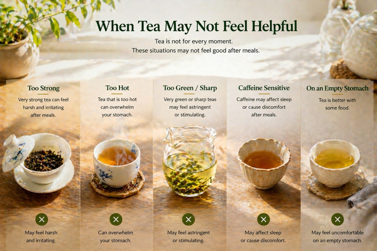 Chinese tea served in different conditions, showing when tea after meals may not feel helpful, such as very strong tea, very hot tea, green sharp tea, caffeine sensitivity, or drinking tea on an empty stomach.