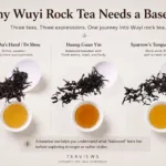 Three Wuyi rock teas arranged as a beginner baseline tasting set, showing Huang Guan Yin, Fo Shou, and Que She for comparing yancha styles.