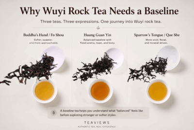 Three Wuyi rock teas arranged as a beginner baseline tasting set, showing Huang Guan Yin, Fo Shou, and Que She for comparing yancha styles.