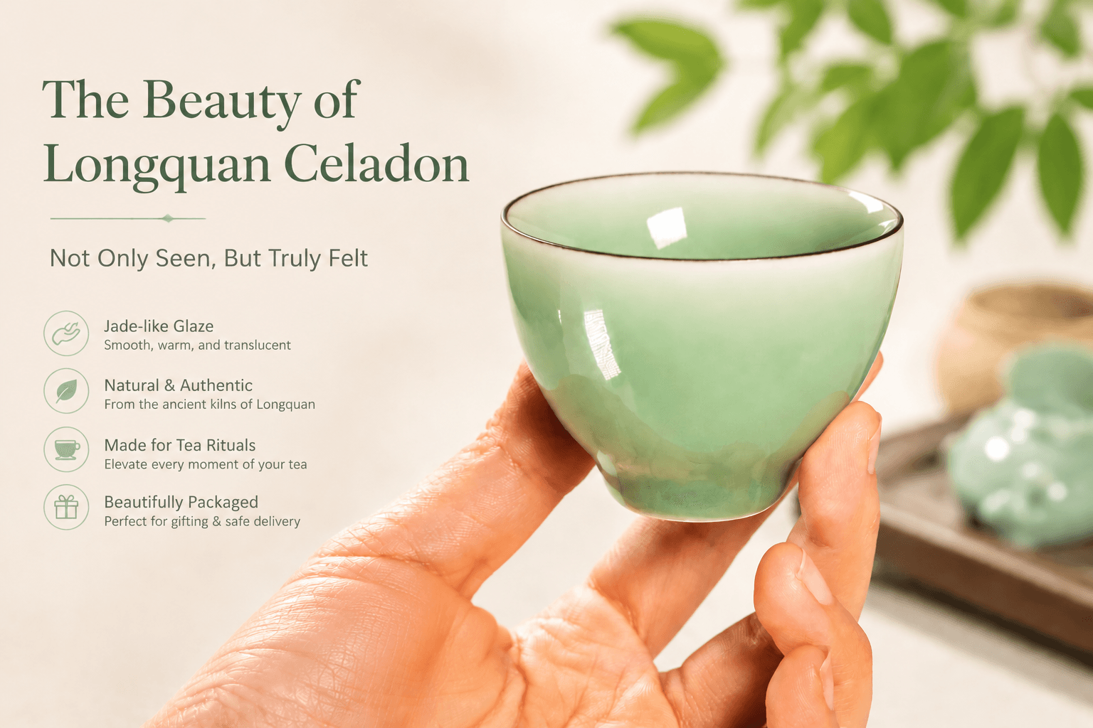 A hand holding a Longquan celadon tea cup, showing the smooth jade-like glaze and tactile feel of Chinese celadon teaware.