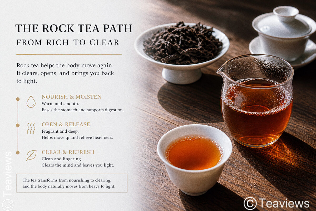 Wuyi rock tea leaves and amber tea liquor with light bubbles, shown as a stronger after-meal tea path for rich and heavy meals