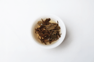 Infused leaves of Jianyang Bai Mu Dan white tea after brewing.