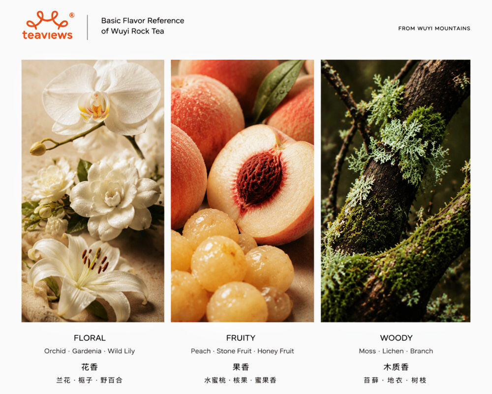 A visual flavor reference of Wuyi rock tea showing floral, fruity, and woody aroma families through orchid, peach, and moss-covered wood.