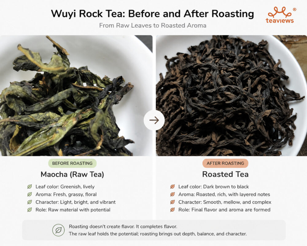 A side-by-side comparison of Wuyi rock tea before and after roasting, showing how maocha becomes darker, more stable Yancha through roasting.