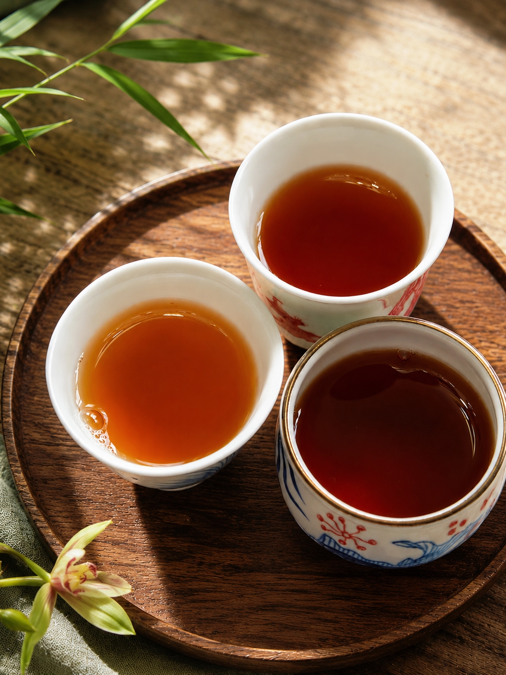 Comparison of Wuyi rock tea liquor colors across light roast, medium roast, and traditional roast Yancha.