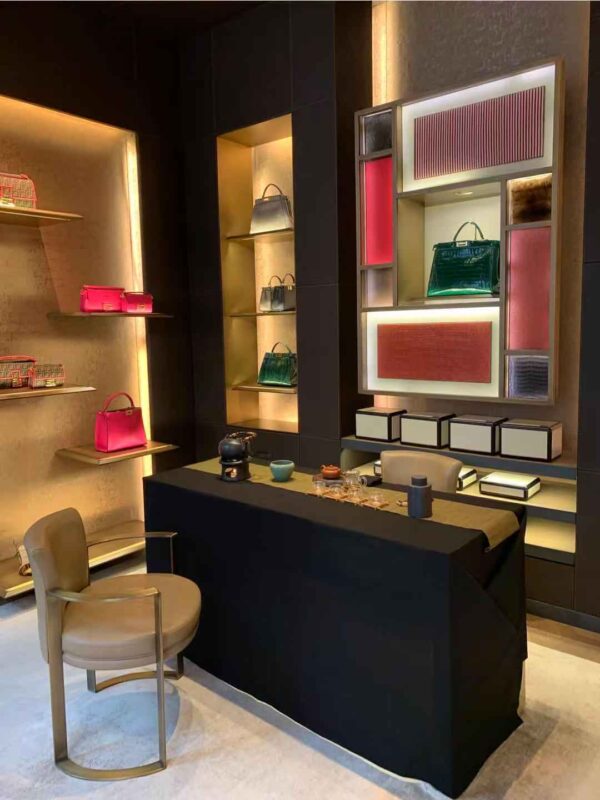 A Chinese tea setting arranged by Ling Chen inside a Fendi space in Milan