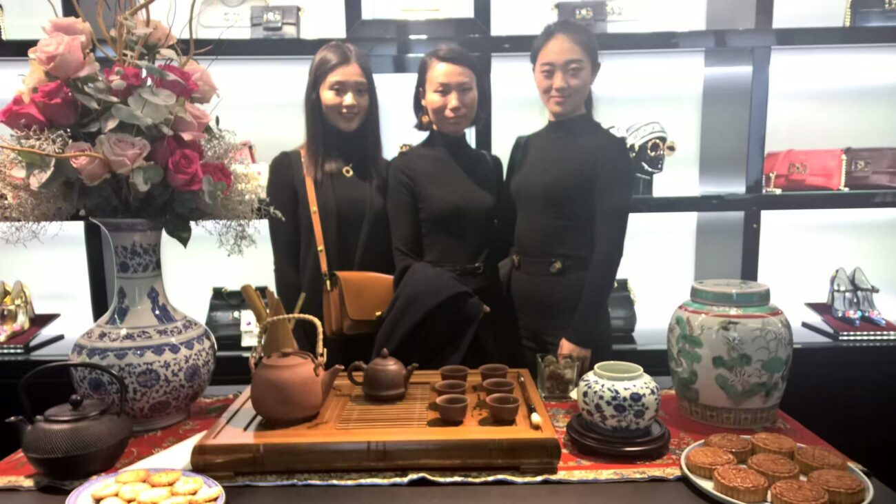 Ling Chen and her team at a Chinese tea gathering hosted in a Dolce & Gabbana space