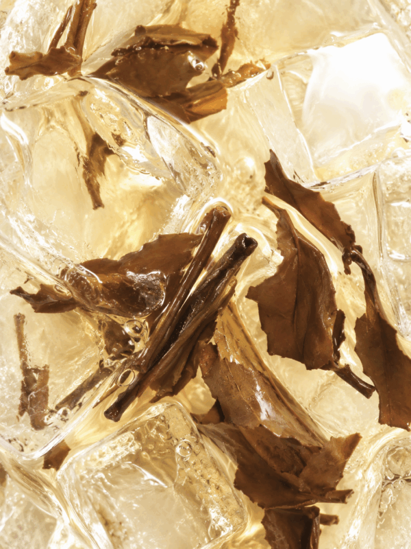 Aged Gong Mei white tea with ice and mature tea leaves