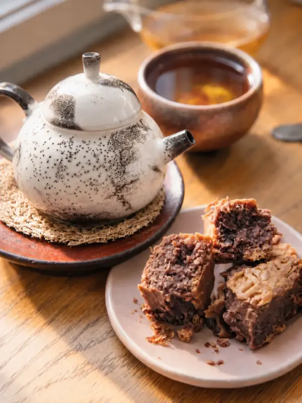 A ceramic teapot, cup of tea and pastries in warm light, representing tea, body awareness and sensory grounding during depression.