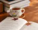 A cup of amber tea beside an open book and autumn leaves on a wooden table.
