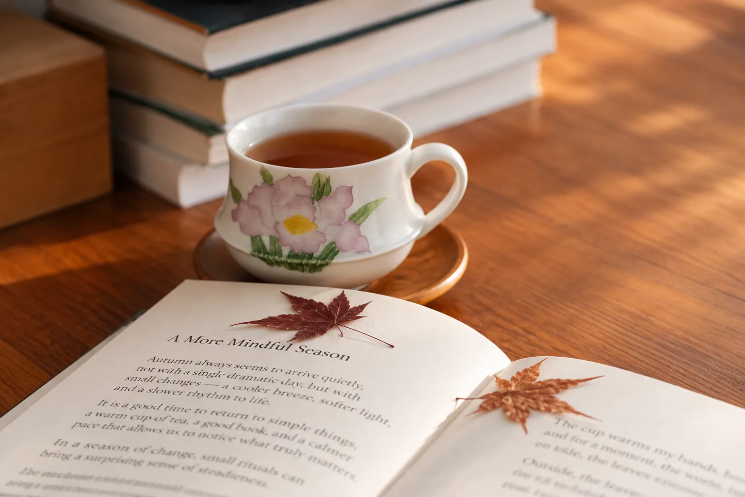 A cup of amber tea beside an open book and autumn leaves on a wooden table.