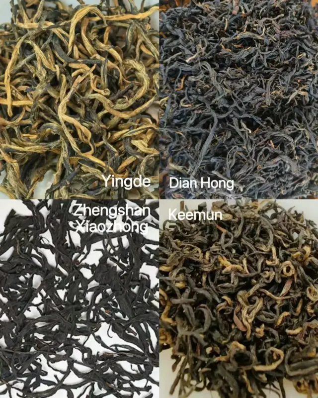 Four labeled close-up panels of dry tea leaves: Yingde, Dian Hong, Zhengshan Xiaozhong and Keemun.