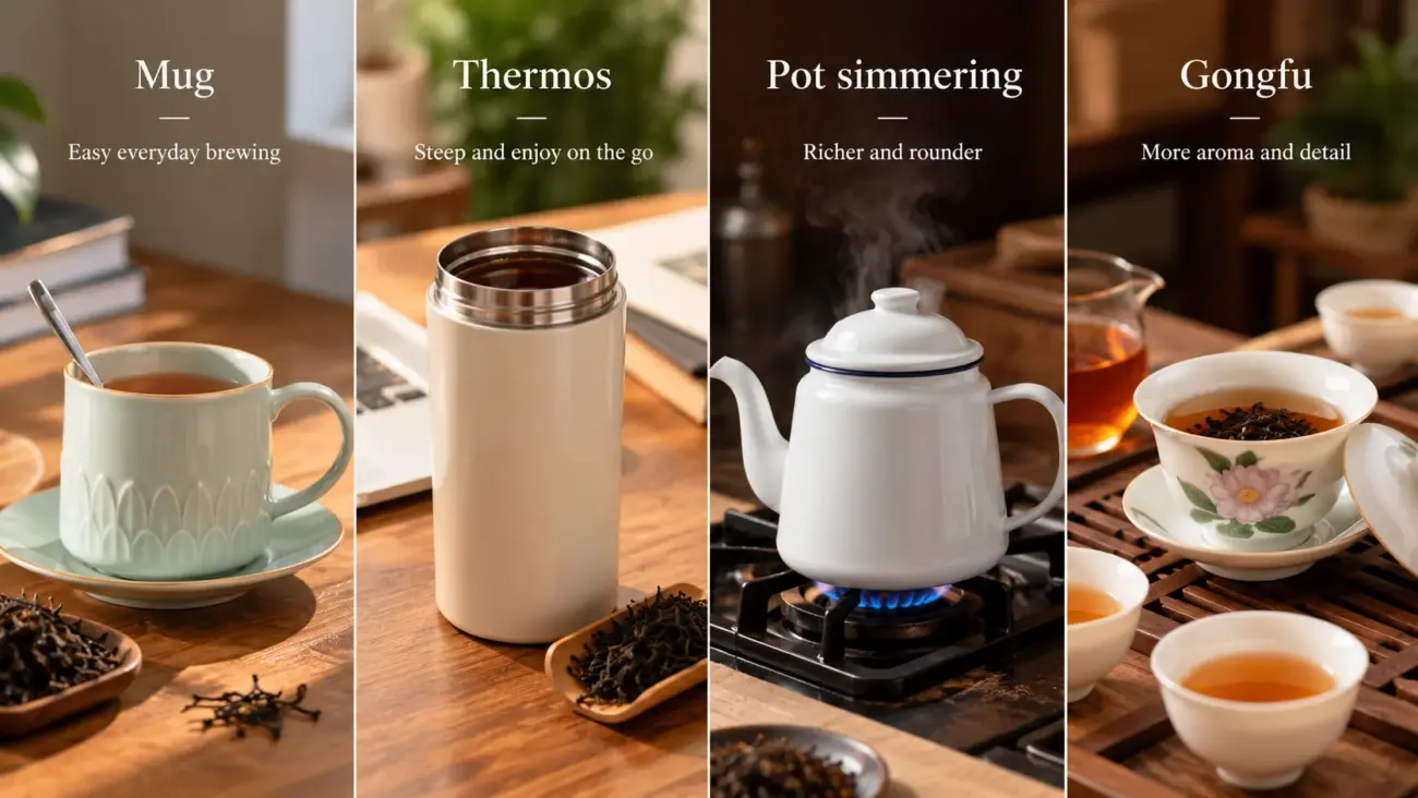 Four labeled panels show black tea prepared in a mug, a thermos, a simmering pot and a gongfu tea setting.