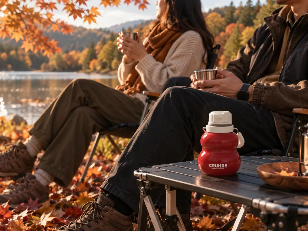Red Lucky Gourd tea bottle on a small outdoor table beside two people enjoying tea among autumn trees