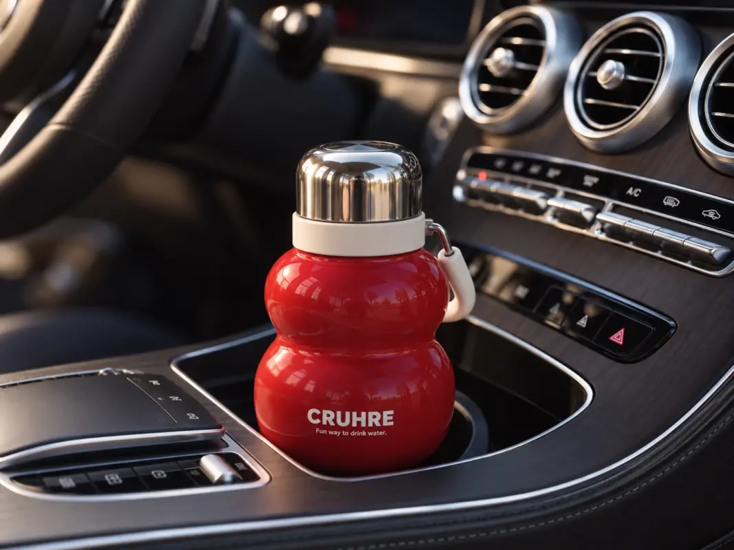 Red Lucky Gourd tea bottle with its stainless steel cup lid in a car centre-console cup holder