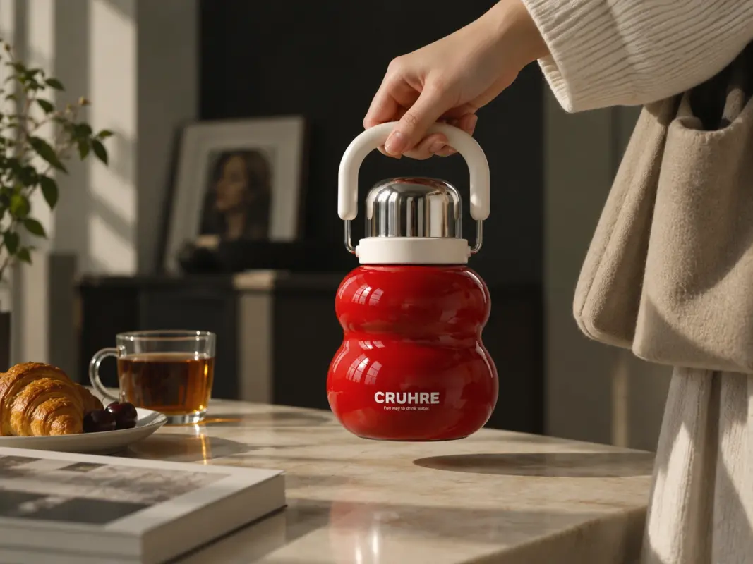 A person lifting a red Lucky Gourd tea bottle by its handle beside tea and breakfast