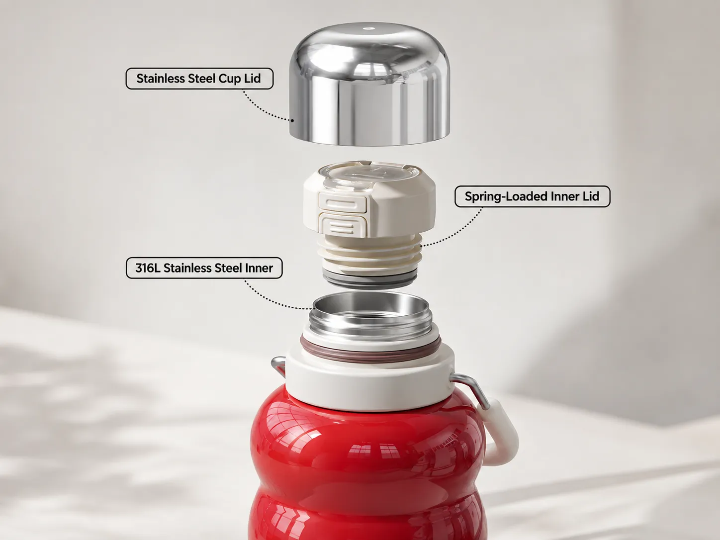 Exploded view of the Lucky Gourd tea bottle with its cup, lid and filter separated