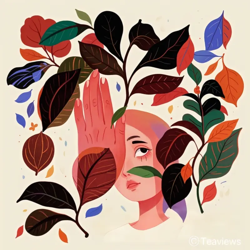 Abstract art of a serene face intertwined with leaves, representing spiritual insights gained from mindful Rock Tea rituals